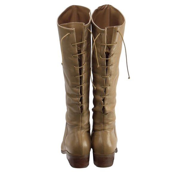 MARKON Women's Tan Leather Knee-High Boots Lace-Up Back Low Heel Size - Picture 3 of 11